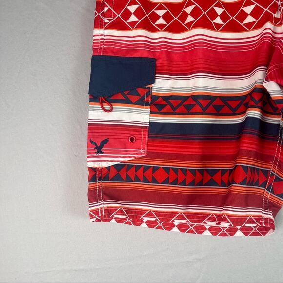 American Eagle Board Shorts Swim Trunks Mens Large Red Orange Aztec Vacation - Picture 2 of 9